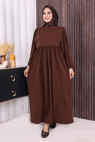 Çift Katlı Bağlama Detay Elbise 6003 Kahverengi 