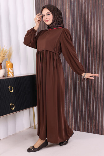 Çift Katlı Bağlama Detay Elbise 6003 Kahverengi - 2