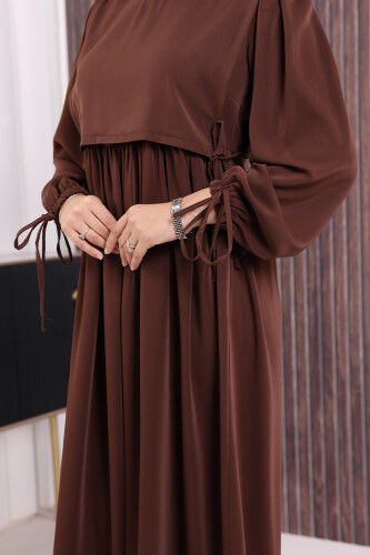 Çift Katlı Bağlama Detay Elbise 6003 Kahverengi - 4