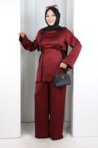 Çin Düğme Detaylı Pantolon Tunik İkili Takım 8714 Bordo