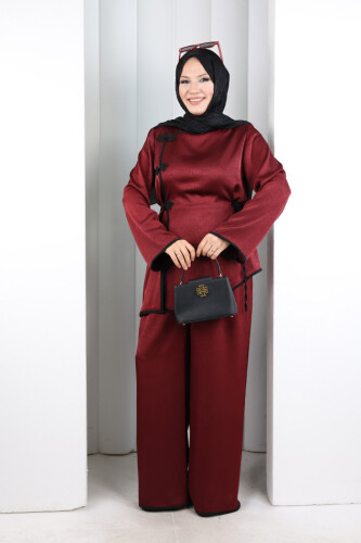 Çin Düğme Detaylı Pantolon Tunik İkili Takım 8714 Bordo - 2