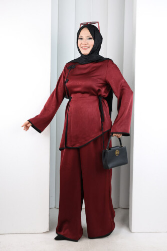 Çin Düğme Detaylı Pantolon Tunik İkili Takım 8714 Bordo - 3