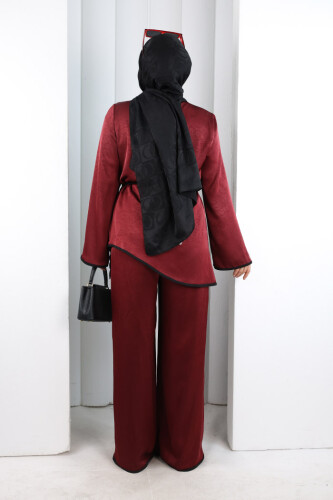 Çin Düğme Detaylı Pantolon Tunik İkili Takım 8714 Bordo - 4