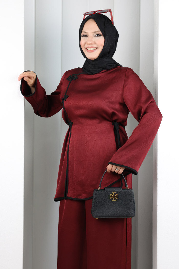 Çin Düğme Detaylı Pantolon Tunik İkili Takım 8714 Bordo - 5