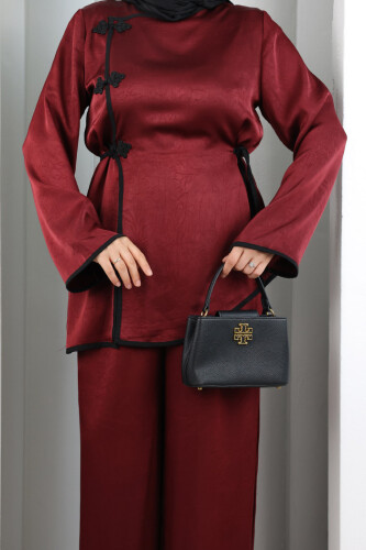 Çin Düğme Detaylı Pantolon Tunik İkili Takım 8714 Bordo - 6