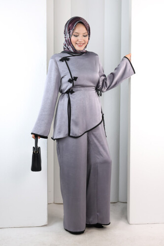 Çin Düğme Detaylı Pantolon Tunik İkili Takım 8714 Gri - 4