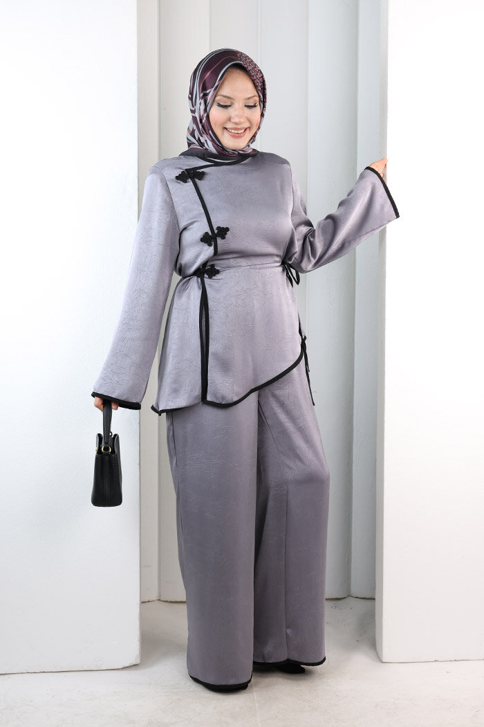 Çin Düğme Detaylı Pantolon Tunik İkili Takım 8714 Gri - 4