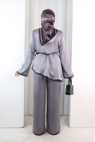 Çin Düğme Detaylı Pantolon Tunik İkili Takım 8714 Gri - 5