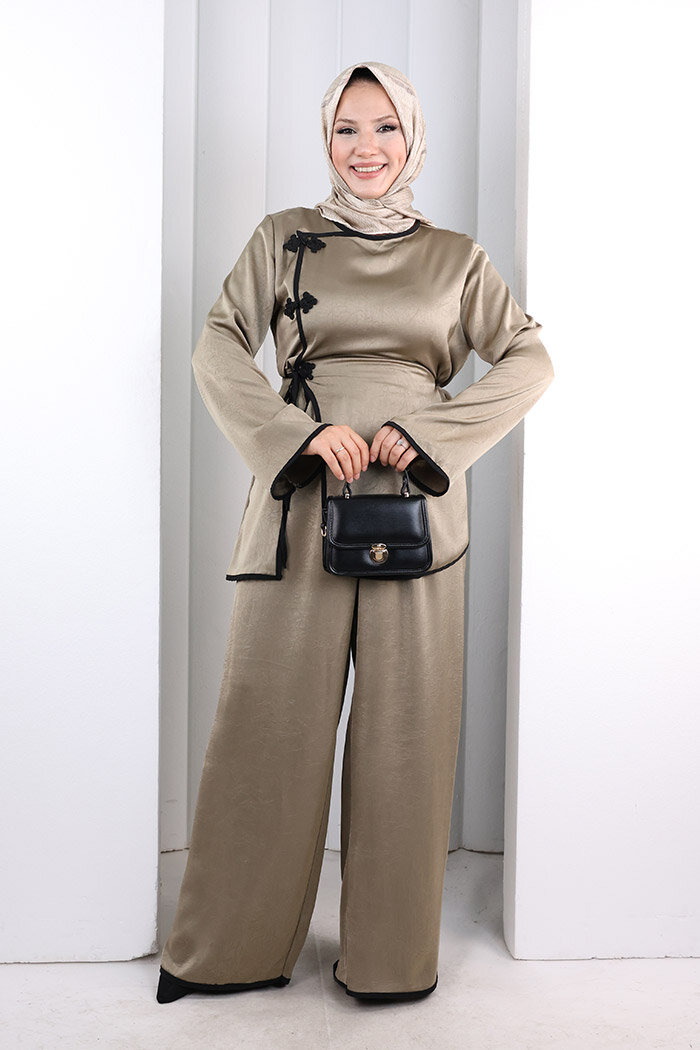 Çin Düğme Detaylı Pantolon Tunik İkili Takım 8714 Haki - 3
