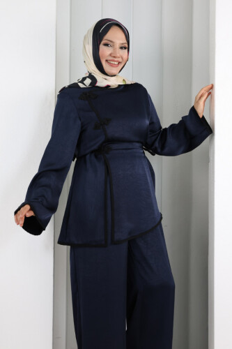 Çin Düğme Detaylı Pantolon Tunik İkili Takım 8714 Lacivert - 5