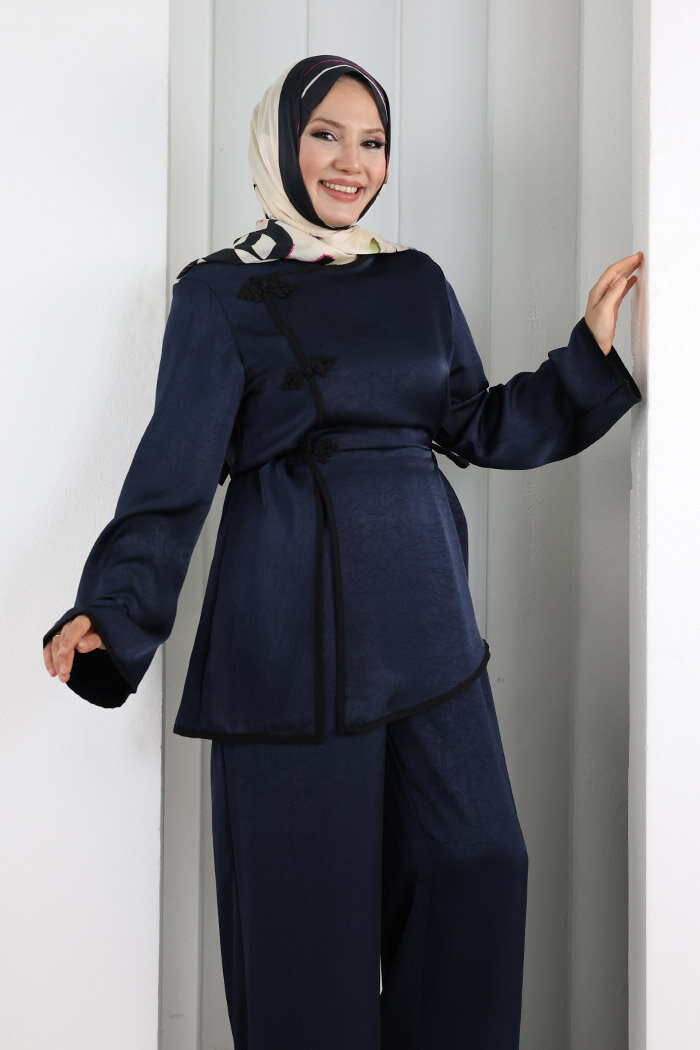 Çin Düğme Detaylı Pantolon Tunik İkili Takım 8714 Lacivert - 5