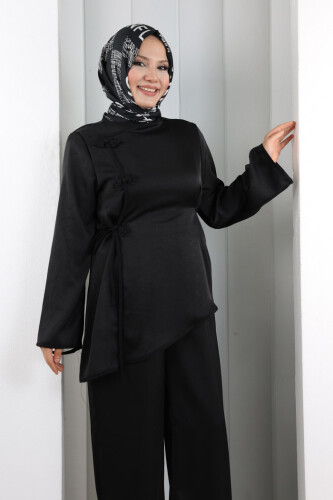 Çin Düğme Detaylı Pantolon Tunik İkili Takım 8714 Siyah - 5
