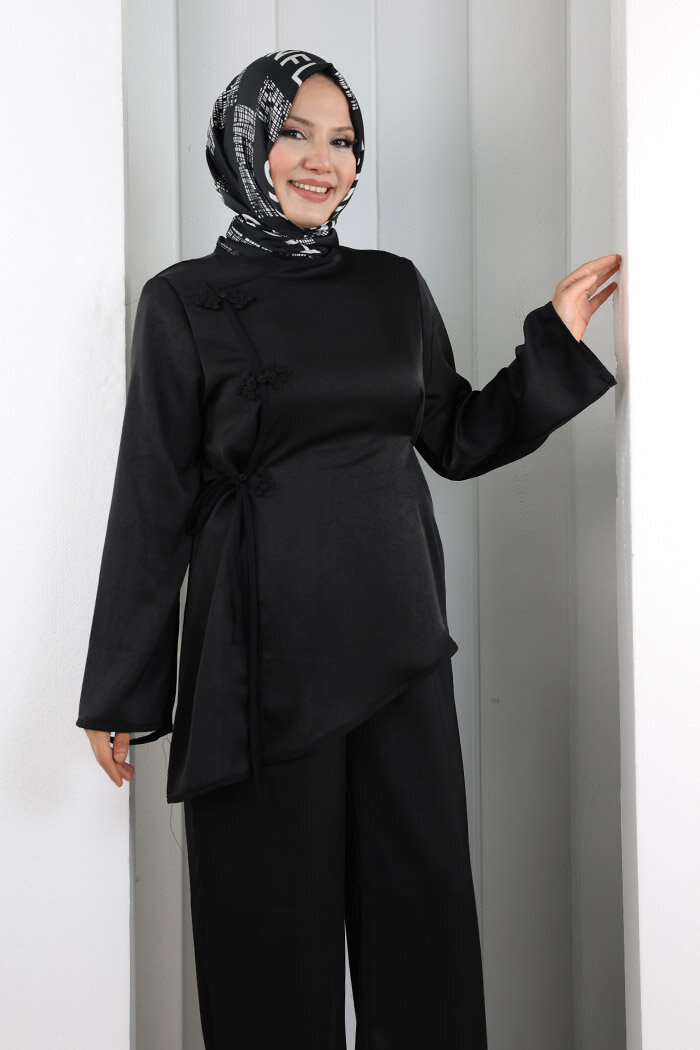 Çin Düğme Detaylı Pantolon Tunik İkili Takım 8714 Siyah - 5