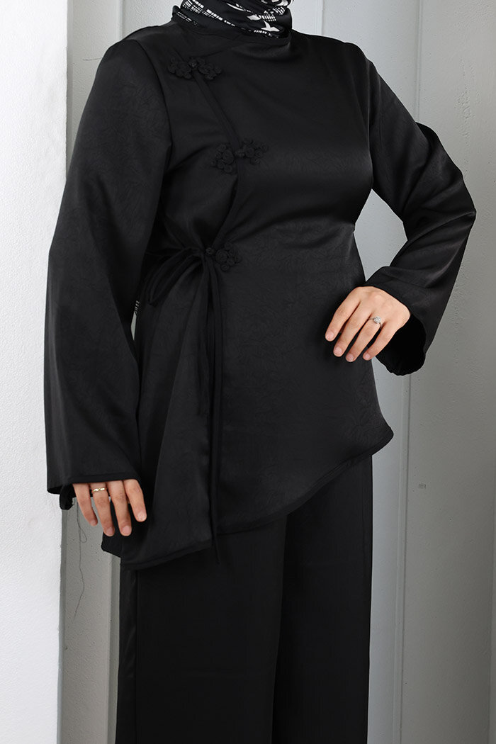 Çin Düğme Detaylı Pantolon Tunik İkili Takım 8714 Siyah - 6
