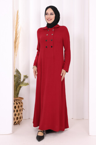 Çıt Çıt Düğme Detaylı Elbise 3928 Bordo - Bym Fashion