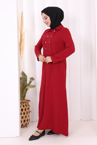 Çıt Çıt Düğme Detaylı Elbise 3928 Bordo - 3