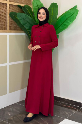 Çıt Çıt Düğme Detaylı Elbise 3928 Bordo - 3