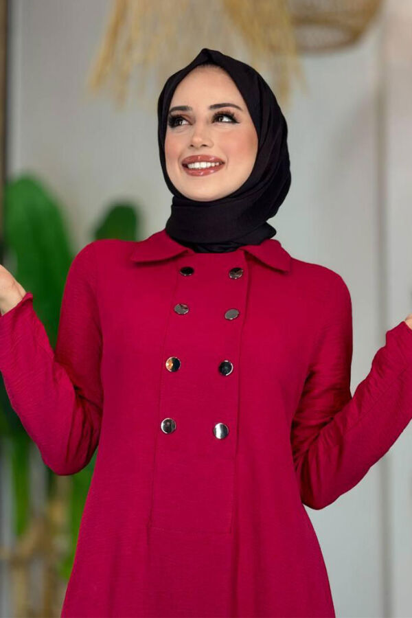 Çıt Çıt Düğme Detaylı Elbise 3928 Bordo - 4