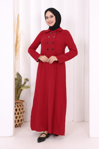 Çıt Çıt Düğme Detaylı Elbise 3928 Bordo - 2
