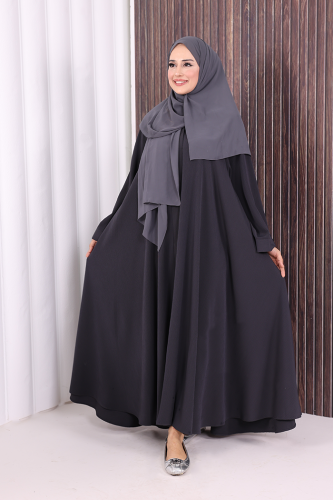 Çıt Çıt Düğme Detaylı Ferace Görünümlü Elbise 70020 Füme - Bym Fashion