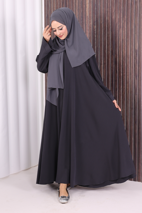 Çıt Çıt Düğme Detaylı Ferace Görünümlü Elbise 70020 Füme - 2