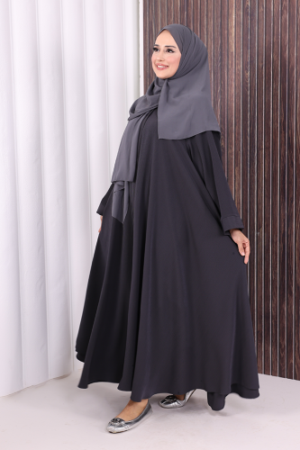 Çıt Çıt Düğme Detaylı Ferace Görünümlü Elbise 70020 Füme - 3