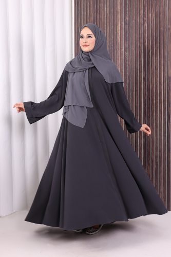 Çıt Çıt Düğme Detaylı Ferace Görünümlü Elbise 70020 Füme - 5