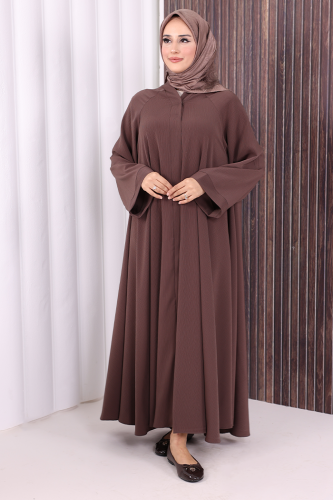 Çıt Çıt Düğme Detaylı Ferace Görünümlü Elbise 70020 Kahverengi 