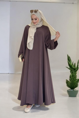 Çıt Çıt Düğme Detaylı Ferace Görünümlü Elbise 70020 Kahverengi - Bym Fashion