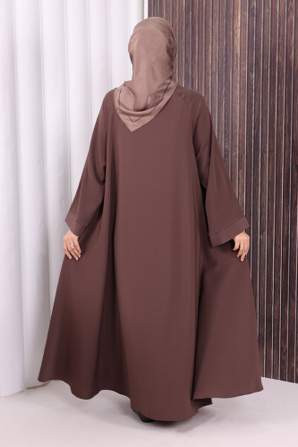 Çıt Çıt Düğme Detaylı Ferace Görünümlü Elbise 70020 Kahverengi - 4
