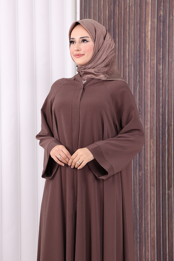 Çıt Çıt Düğme Detaylı Ferace Görünümlü Elbise 70020 Kahverengi - 5