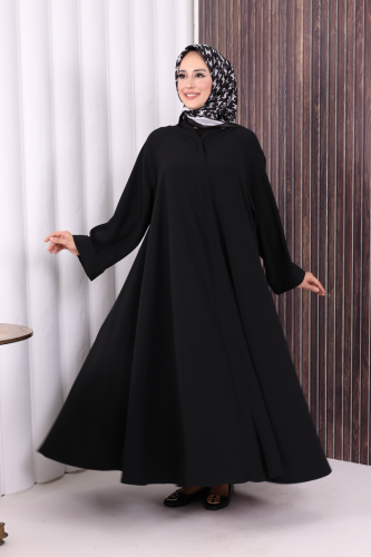 Çıt Çıt Düğme Detaylı Ferace Görünümlü Elbise 70020 Siyah - 5