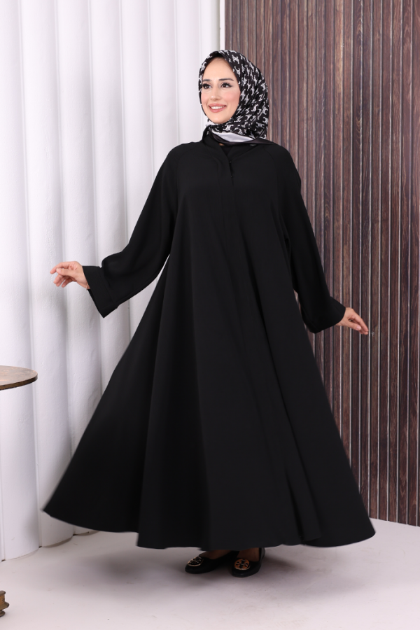Çıt Çıt Düğme Detaylı Ferace Görünümlü Elbise 70020 Siyah - 5
