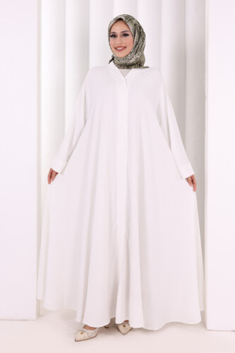 Çıt Çıt Düğme Detaylı Ferace Görünümlü Elbise 6092 Ekru