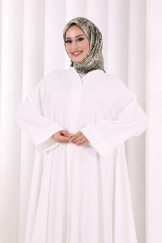 Çıt Çıt Düğme Detaylı Ferace Görünümlü Elbise 6092 Ekru - 5