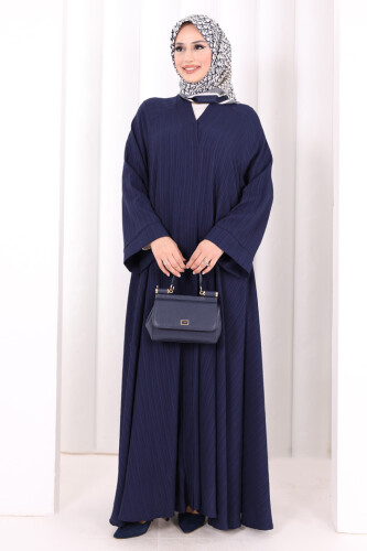 Çıt Çıt Düğme Detaylı Ferace Görünümlü Elbise 6092 Lacivert - 2