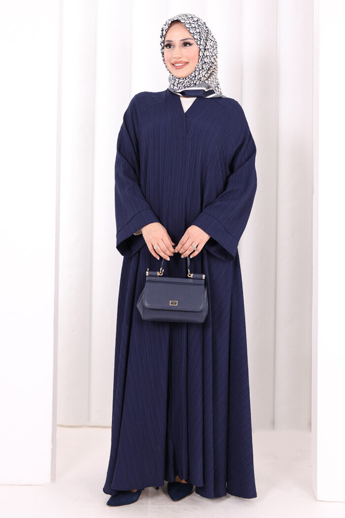 Çıt Çıt Düğme Detaylı Ferace Görünümlü Elbise 6092 Lacivert - 2