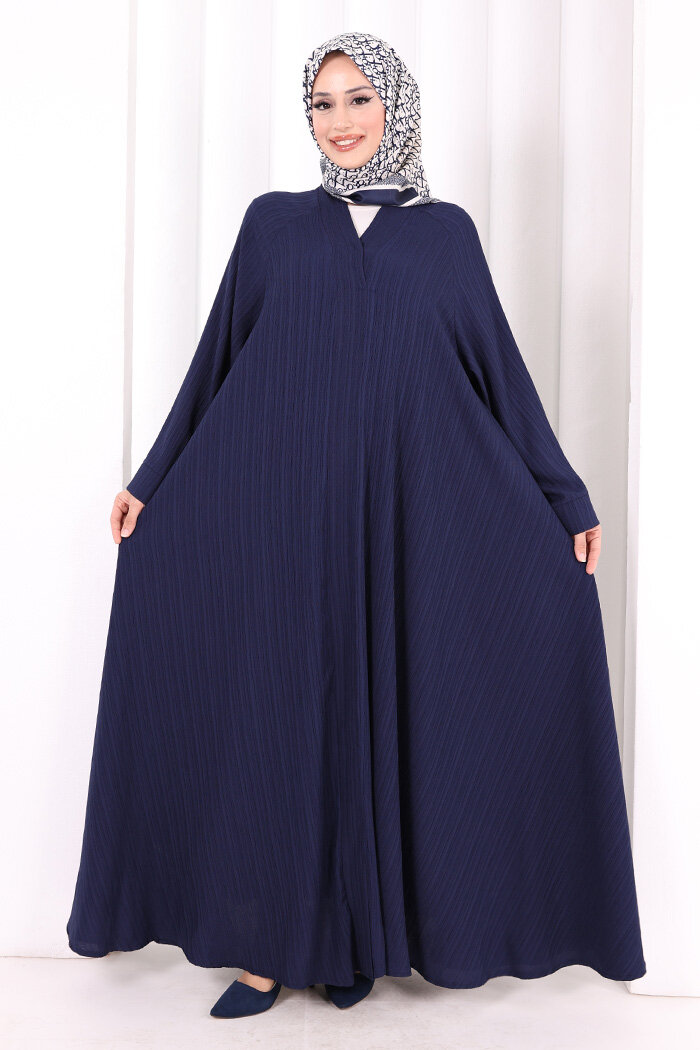 Çıt Çıt Düğme Detaylı Ferace Görünümlü Elbise 6092 Lacivert - 3