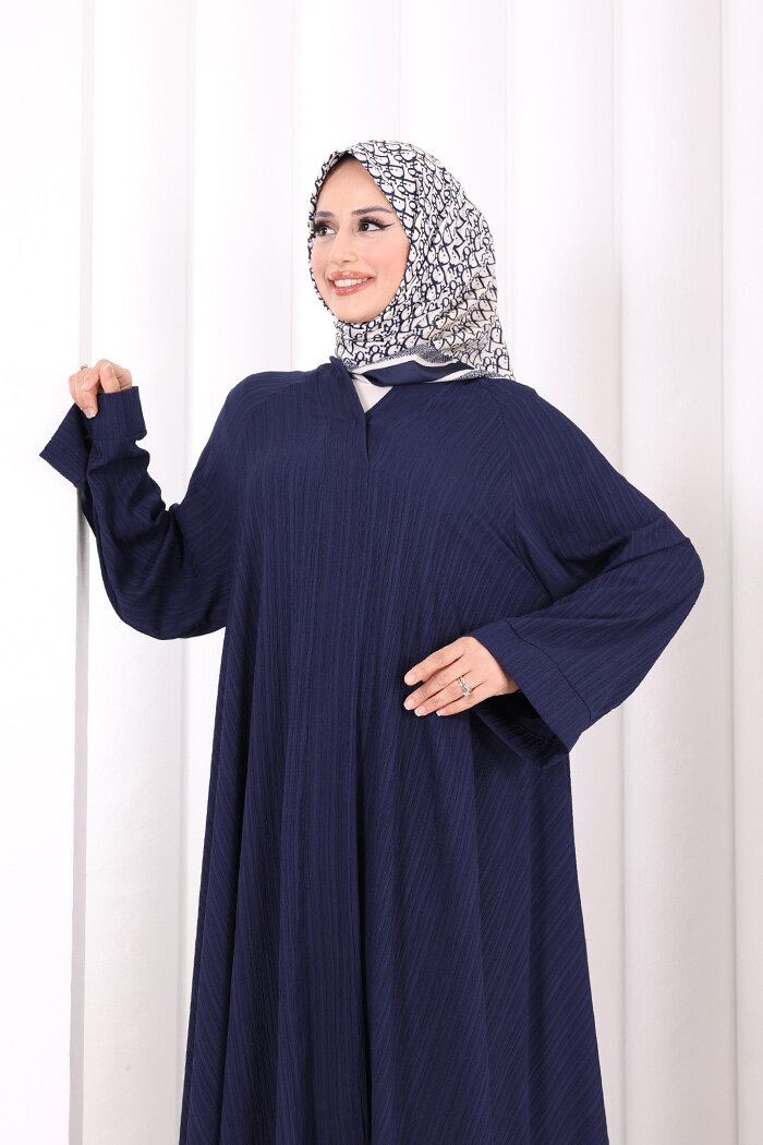 Çıt Çıt Düğme Detaylı Ferace Görünümlü Elbise 6092 Lacivert - 5