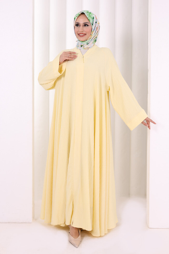 Çıt Çıt Düğme Detaylı Ferace Görünümlü Elbise 6092 Sarı - 2