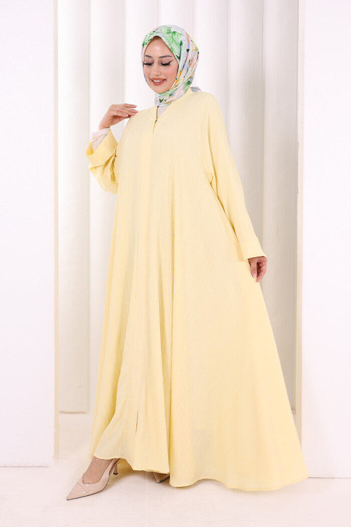 Çıt Çıt Düğme Detaylı Ferace Görünümlü Elbise 6092 Sarı - 3