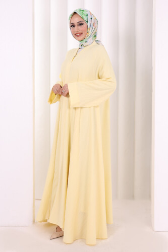 Çıt Çıt Düğme Detaylı Ferace Görünümlü Elbise 6092 Sarı - 4