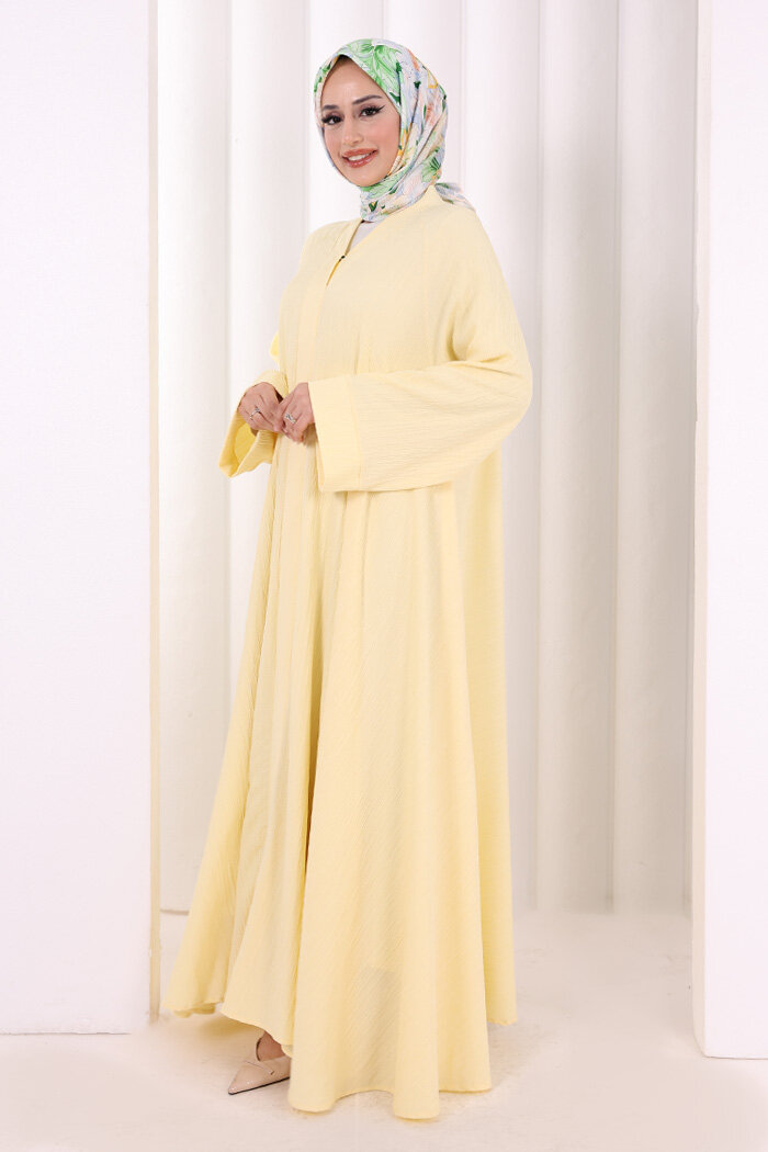 Çıt Çıt Düğme Detaylı Ferace Görünümlü Elbise 6092 Sarı - 4
