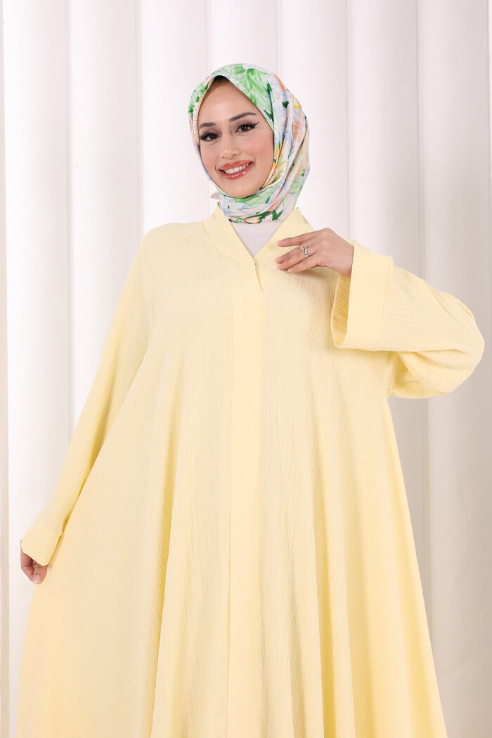 Çıt Çıt Düğme Detaylı Ferace Görünümlü Elbise 6092 Sarı - 6
