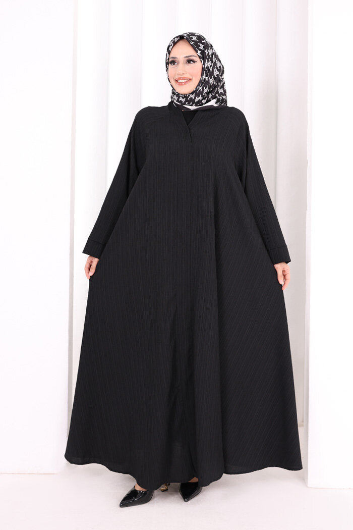 Çıt Çıt Düğme Detaylı Ferace Görünümlü Elbise 6092 Siyah - 1