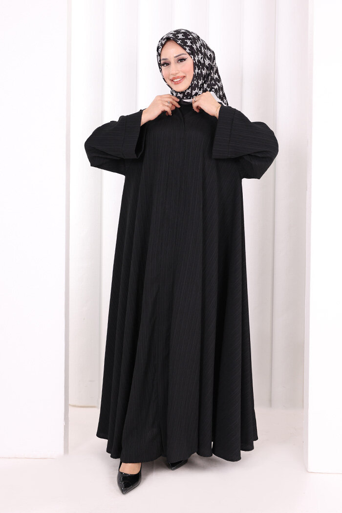 Çıt Çıt Düğme Detaylı Ferace Görünümlü Elbise 6092 Siyah - 2