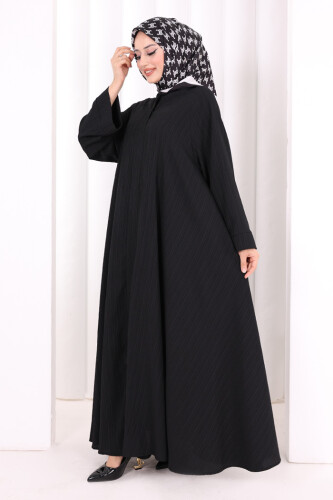 Çıt Çıt Düğme Detaylı Ferace Görünümlü Elbise 6092 Siyah - 3