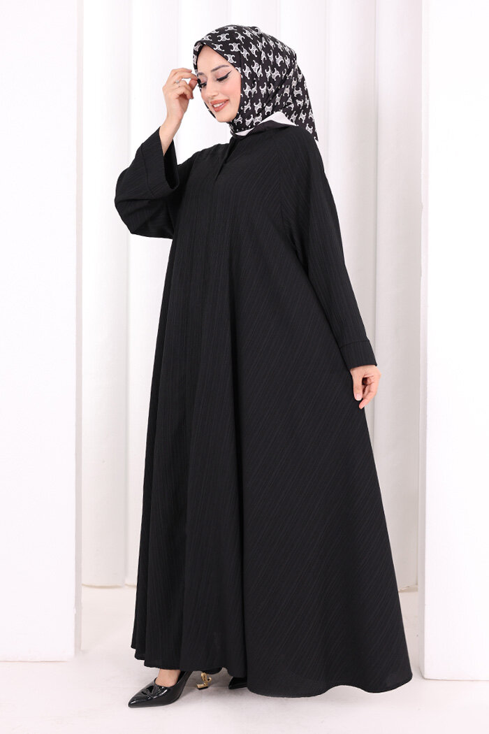 Çıt Çıt Düğme Detaylı Ferace Görünümlü Elbise 6092 Siyah - 3