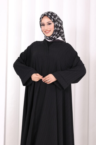 Çıt Çıt Düğme Detaylı Ferace Görünümlü Elbise 6092 Siyah - 5