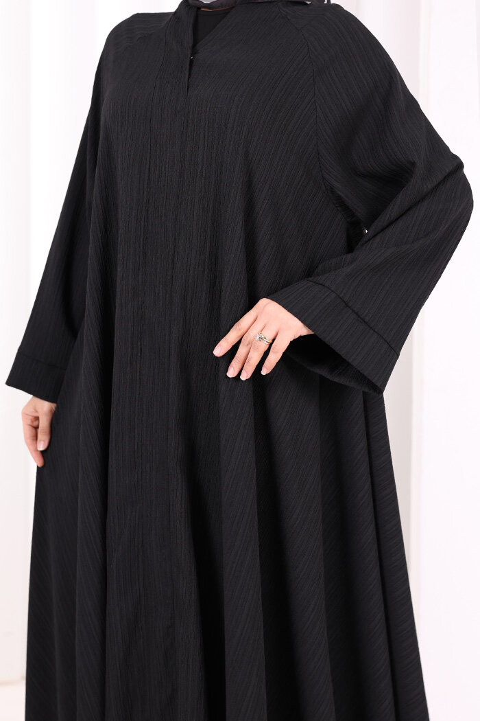Çıt Çıt Düğme Detaylı Ferace Görünümlü Elbise 6092 Siyah - 6